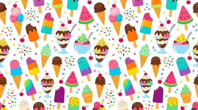 Colorful Summer Ice Cream Seamless Pattern with Popsicles and Sundaes