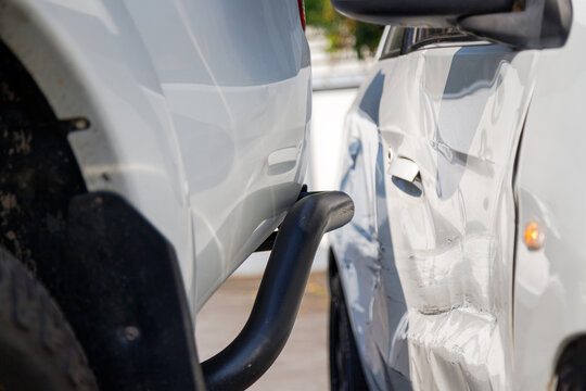 Car accident damage after collision on urban road