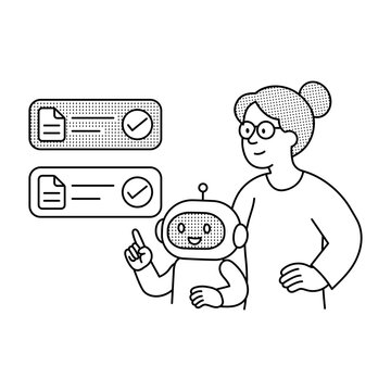 A woman who stands beside a small robot and task panels, illustrating automated tasks handled through digital assistance, workflow tools, and organized activity. Screen with charts and controls, illus