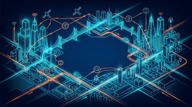Futuristic Dark Smart City Background with Glowing Neon IoT Network Grid and Copy Space