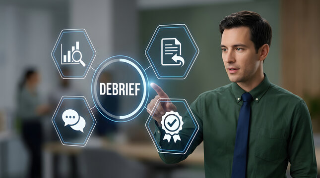 Professional reviewing project debrief materials in modern office