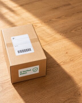 Cardboard delivery parcel box with shipping label and AI verified match sticker on wooden floor