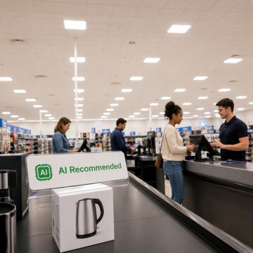 Electric kettle box on store checkout counter with AI recommended sign as customers pay at cashier