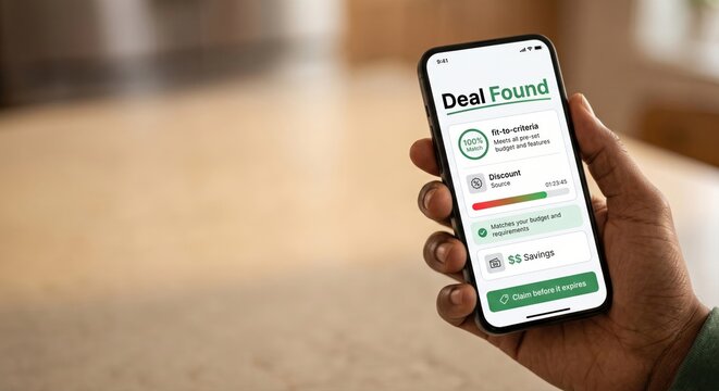 Hand holding smartphone displaying AI deal found discount notification for right shopping choice
