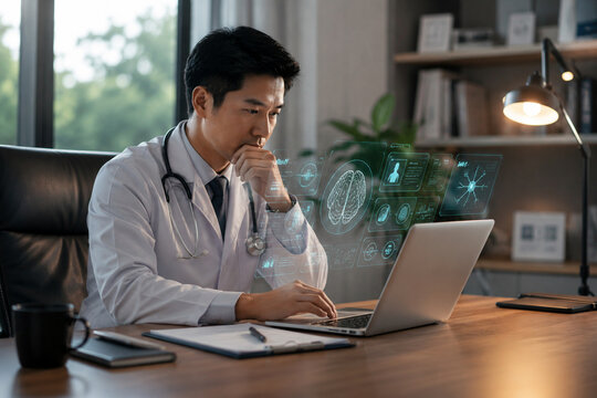 AI generated doctor analyzing digital medical data laptop holographic brain interface for healthcare diagnostics clinical research advanced medical technology