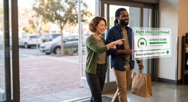 Happy diverse couple exiting retail store holding shopping bag beside AI right choice confirmed holographic score display