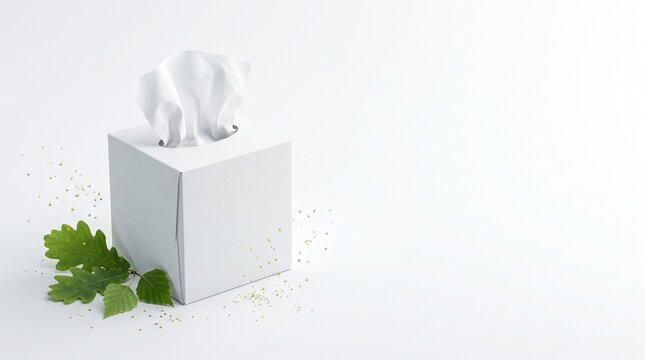 Minimalist white tissue box with green leaves, eco-friendly paper facial tissues, clean medical hygiene concept on white background