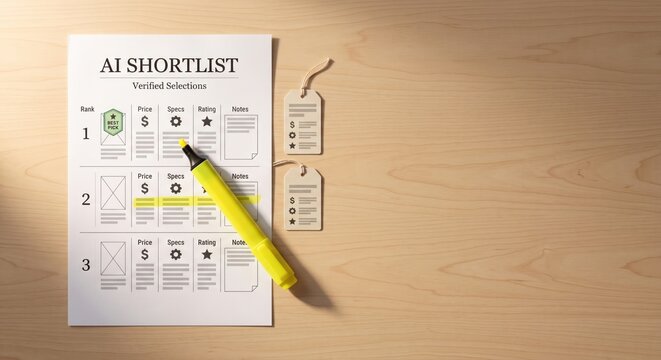 Printed AI shortlist verified selections comparison chart with yellow highlighter and price tags on wooden desk