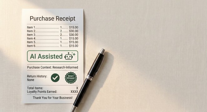 Printed purchase receipt with AI assisted badge and pen on textured fabric background for research informed shopping
