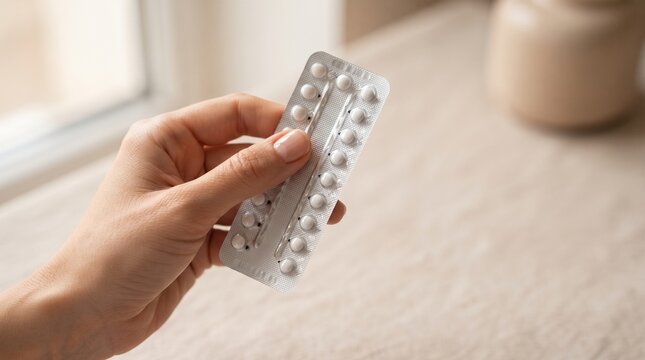 Woman holding contraceptive pill pack in bright indoor setting  