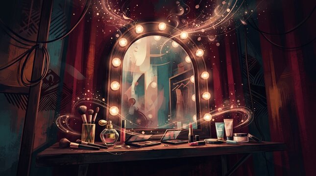 Backstage mirror with lights and makeup tools on a dressing table  