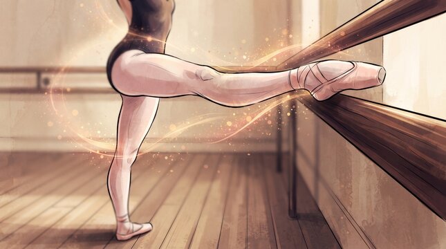 Ballet dancer stretching warm up at barre in a dance studio  