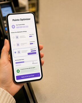 Woman holding smartphone with AI points optimizer app choosing best redemption strategy at payment checkout