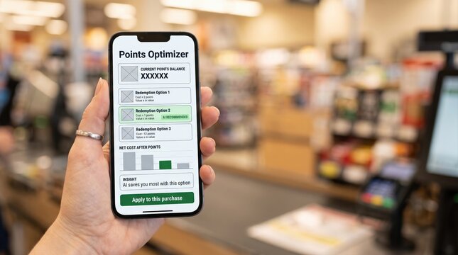 Woman holding smartphone displaying AI points optimizer redemption options at store checkout counter