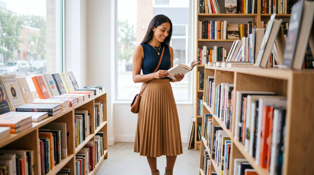Stylish woman reading a book in a bright modern bookstore