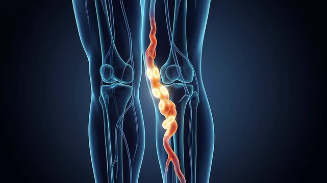Inflamed Varicose Veins in Human Leg - 3D Medical Animation Venous System Blue Background