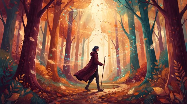 Autumnal Equinox Day in a Mystical Forest with Colorful Leaves  