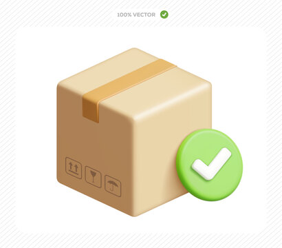 Delivery box package 3d vector with checkmark icon for delivery confirmation concept