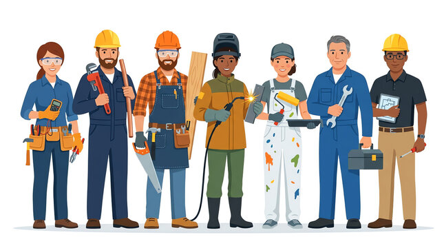 Diverse group of professional construction workers and tradespeople