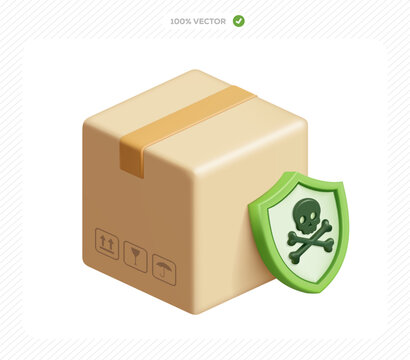 3d isometric vector cardboard box with skull and crossbones symbol inside a green shield