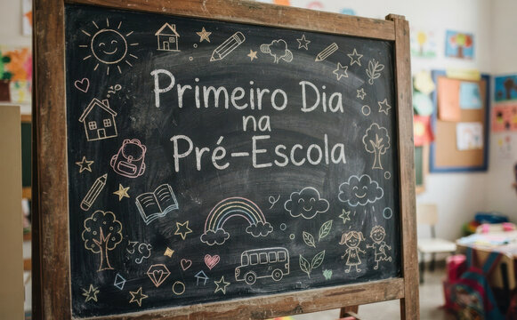 Primeiro Dia na Pre-Escola lousa com desenhos para educacao infantil e volta as aulas