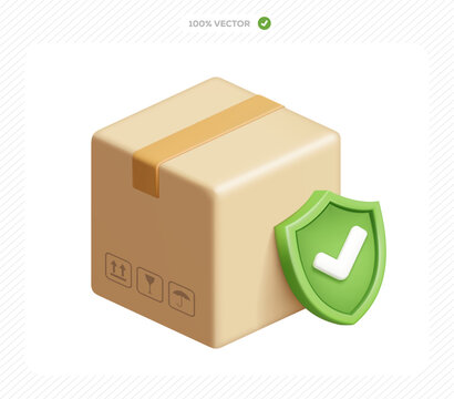 3D vector cardboard box with checkmark for secure package delivery