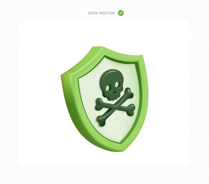 3D shield security icon with skull and crossbones symbol inside a green shield