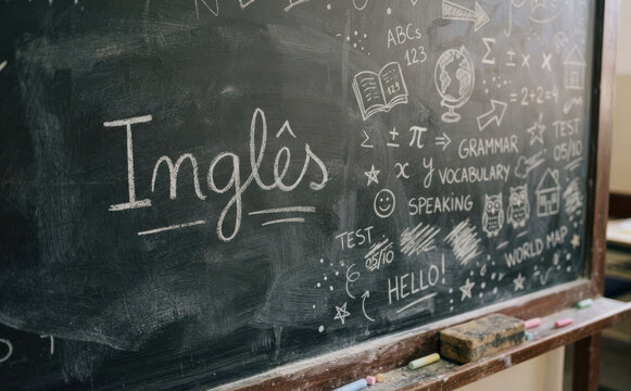 Ingles - Educacao, aprendizado de lingua estrangeira e lousa escolar na sala de aula