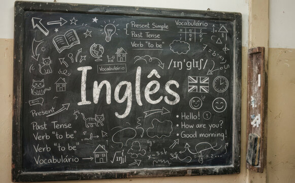 Ingles lousa de sala de aula com palavras e desenhos para educacao e aprendizado
