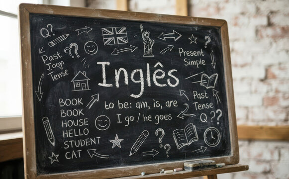 Ingl0es - Quadro negro com li0c0oes de idioma ingl0es para educacao e aprendizado escolar