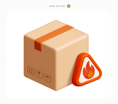 3d isometric vector cardboard box with fire symbol inside a red triangle