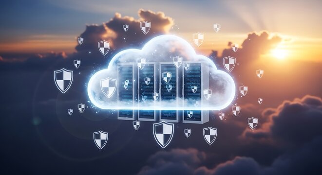 Cloud server infrastructure with digital security shields for data protection and privacy.