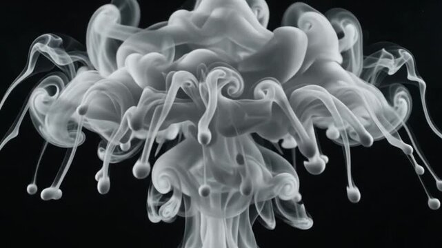 Abstract cloud of white ink swirling and dissolving in dark water creating a beautiful floral shape