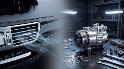 Fototapeta premium Automotive air conditioning compressor unit placed on workshop table with car interior air vents blowing cool air in professional repair setting