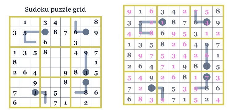 Sudoku puzzle grid with numbers and lines in a structured layout  