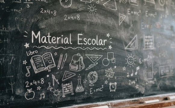 Material Escolar no quadro negro com desenhos de educacao, volta as aulas e aprendizagem para escola