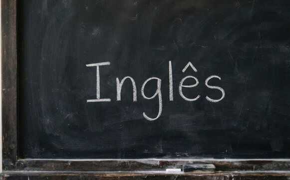 Ingl&ecirc;s escrito em lousa escolar preta com giz branco para estudos de idiomas e educa&ccedil;&atilde;o