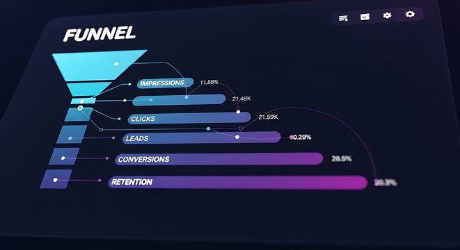 Digital marketing sales funnel chart showing customer conversion stages on dark screen