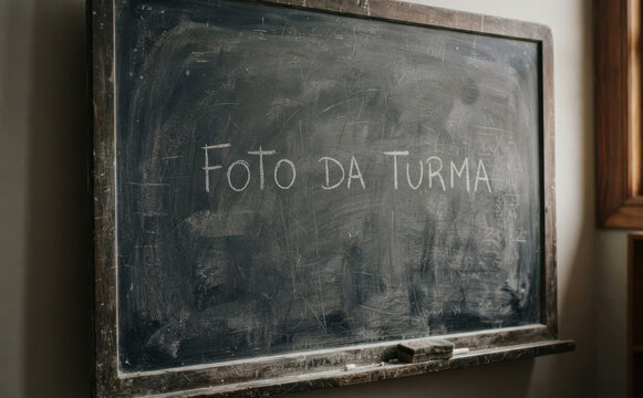 FOTO DA TURMA escrito na lousa escolar. Conceito de educacao, recordacao e saudade para projetos educativos e escolares.