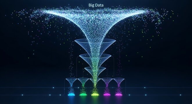 Digital marketing funnel concept with glowing data particles flowing into colorful glasses.