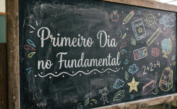 Primeiro Dia no Fundamental escrito em quadro negro escolar com desenhos educativos infantis coloridos
