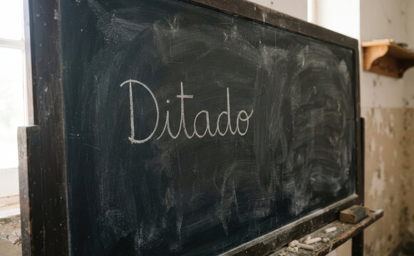 Ditado escrito em lousa escolar antiga com giz para aulas de portugues e educacao infantil