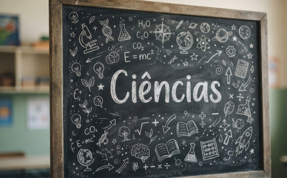 Ciencias - Lousa escolar com desenhos de fisica, quimica e biologia para educacao e ciencia