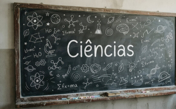 Ciencias Lousa escolar com desenhos de fisica quimica e astronomia para educacao e ciencia