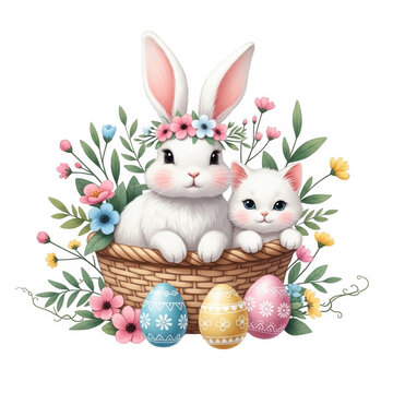 Cute cartoon bunny with colorful easter eggs in greenery