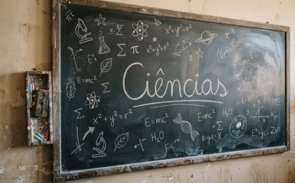 Ci&ecirc;ncias lousa escolar com formulas de fisica e biologia para educacao e estudo