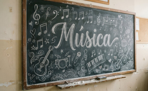 M&uacute;sica escrita em lousa com desenhos de instrumentos musicais e notas para educa&ccedil;&atilde;o art&iacute;stica e aulas