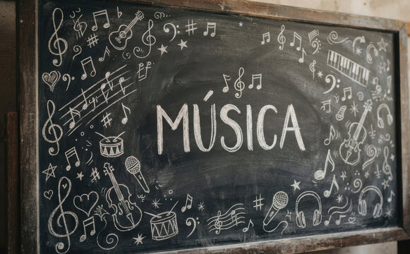 MUSICA lousa com desenhos de instrumentos musicais e notas para educacao e arte