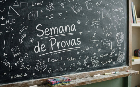 Semana de Provas lousa escolar com formulas e desenhos para educacao e estudos