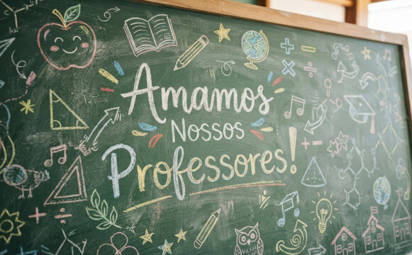 Amamos Nossos Professores! Homenagem aos docentes e educadores na volta as aulas com lousa escolar e desenhos